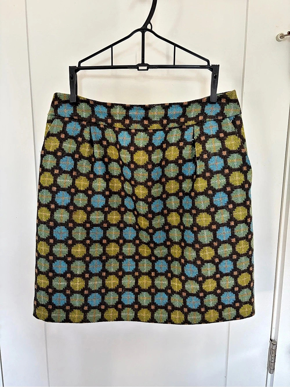BODEN Wool Mini Skirt With Pockets, Pleats, 60s Geometric Print UK 12R / US 8R